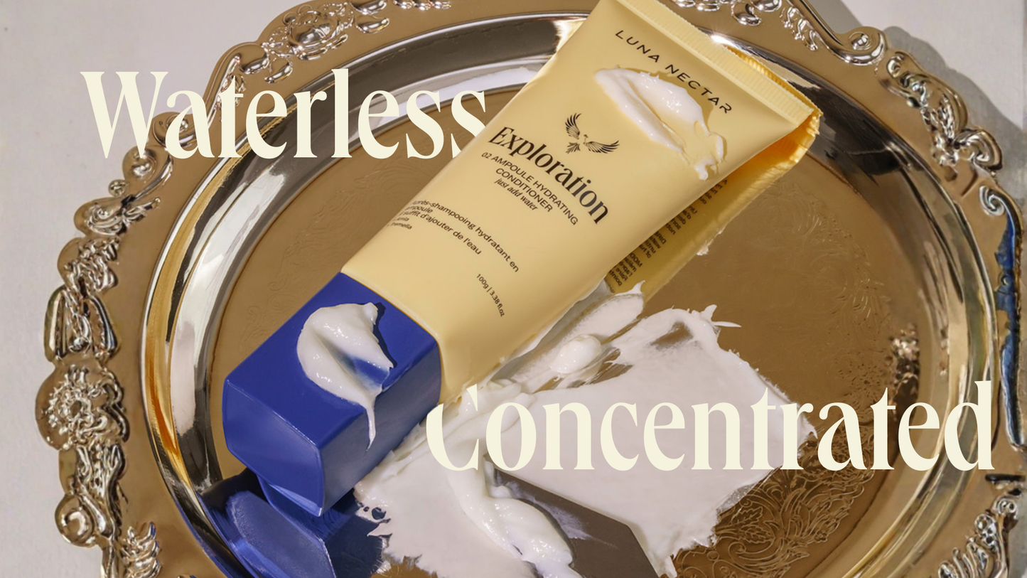 A concentrated Luna Nectar Exploration 02 Ampoule Hydrating Conditioner on a vintage gold tray, featuring text overlays 'Waterless' and 'Concentrated' to highlight sustainable beauty trends.