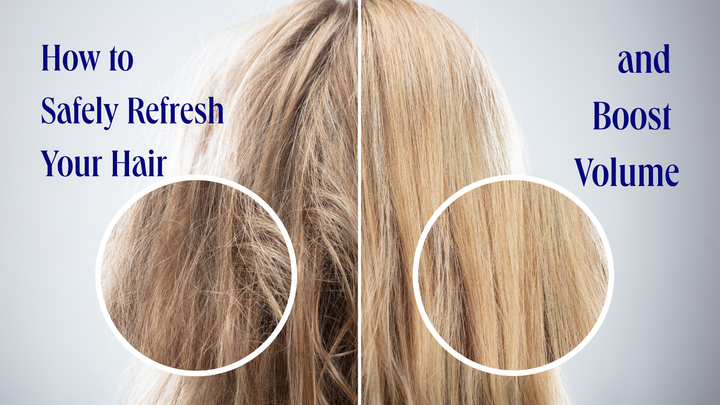 Split image showing the transformation of hair before and after using a clean hair detox routine for safe refreshment and boosted volume. The left side shows dull, frizzy hair, and the right side shows smooth, voluminous hair.