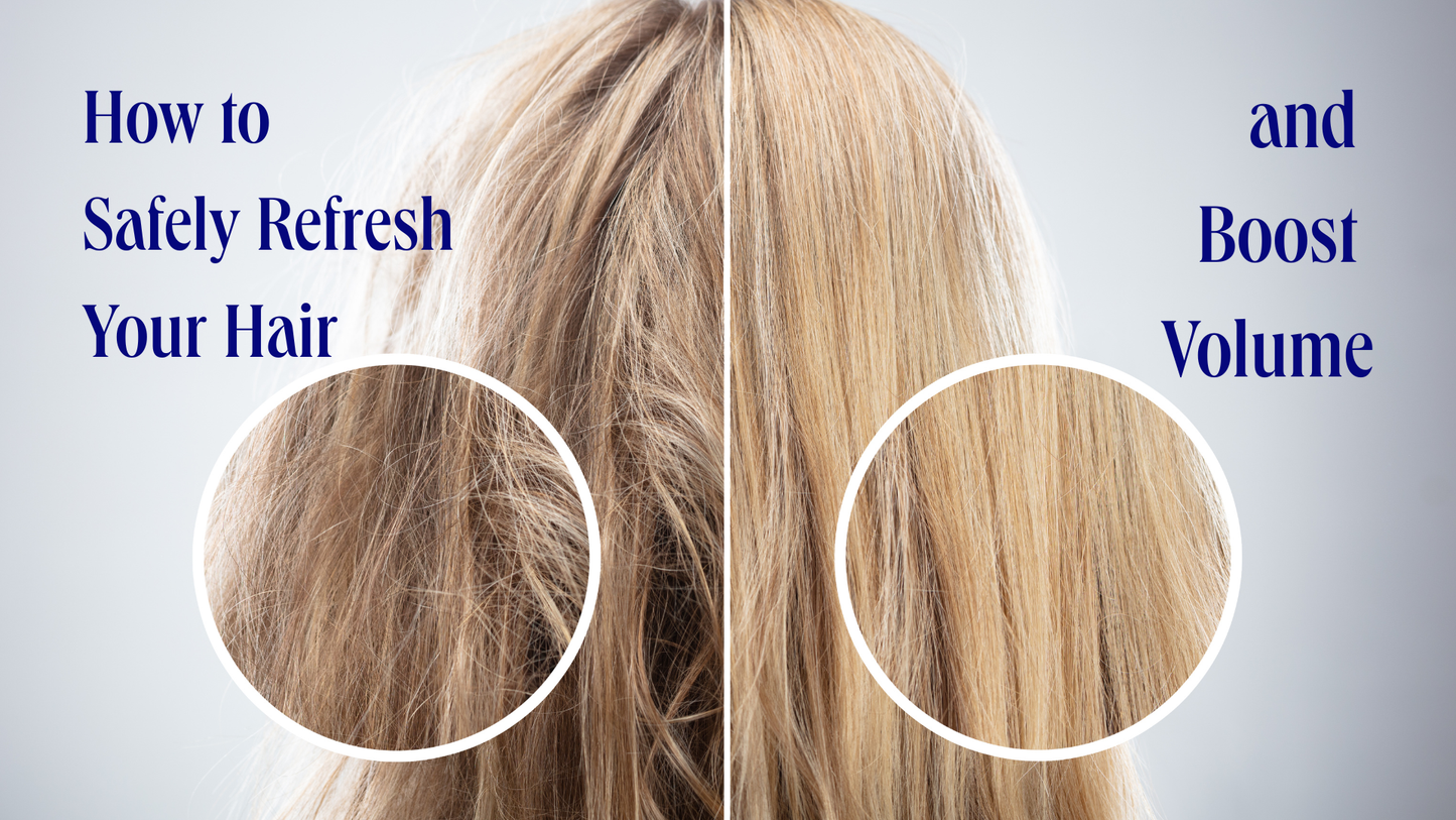 Split image showing the transformation of hair before and after using a clean hair detox routine for safe refreshment and boosted volume. The left side shows dull, frizzy hair, and the right side shows smooth, voluminous hair.