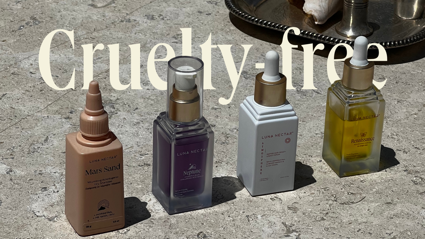 Collection of four Luna Nectar cruelty-free haircare products: Mars Sand, Neptune, Atmosphere, Renaissance, with bold text.