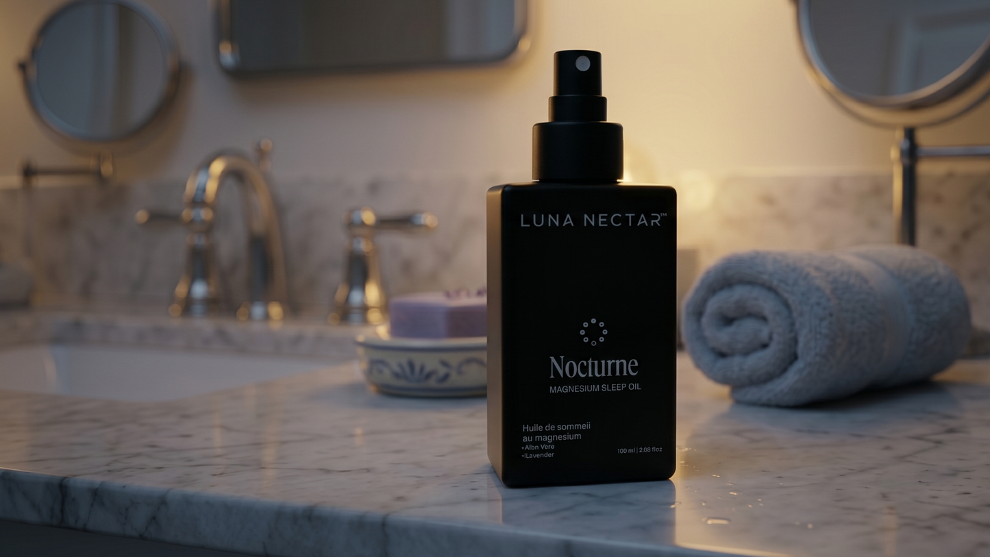 magnesium oil spray bottle on bathroom counter as part of a clean nighttime routine