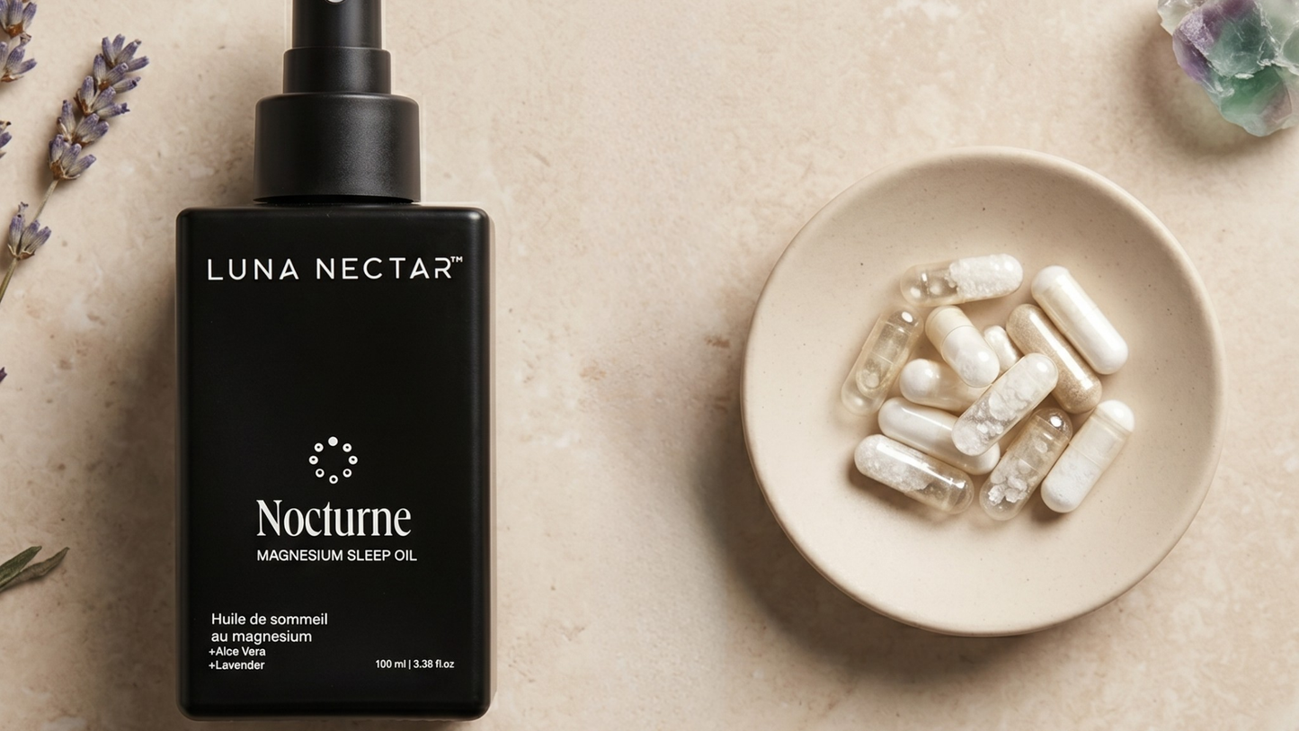 magnesium oil spray and magnesium supplement capsules side by side